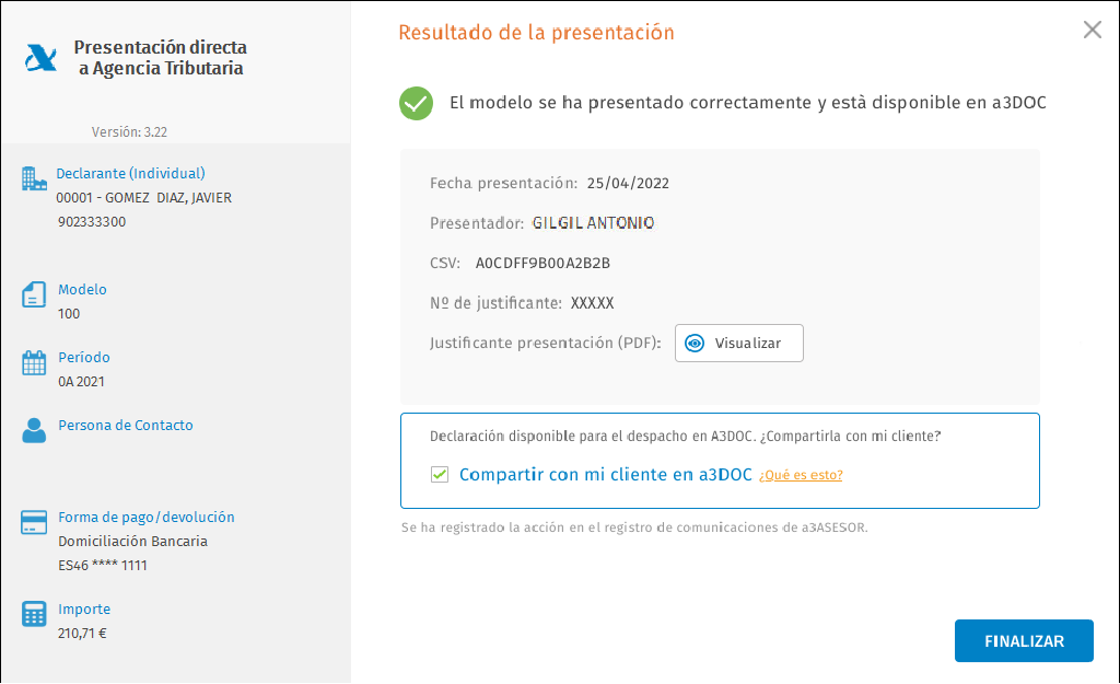 Presentacion Directa Individual con certificado Resultado