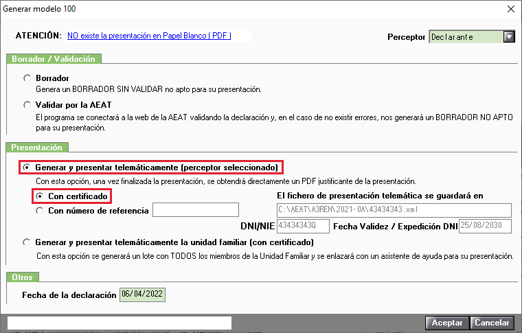 Presentacion del modelo 100 con certificado