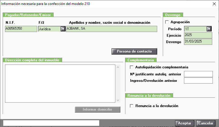 Información necesaria modelo 210