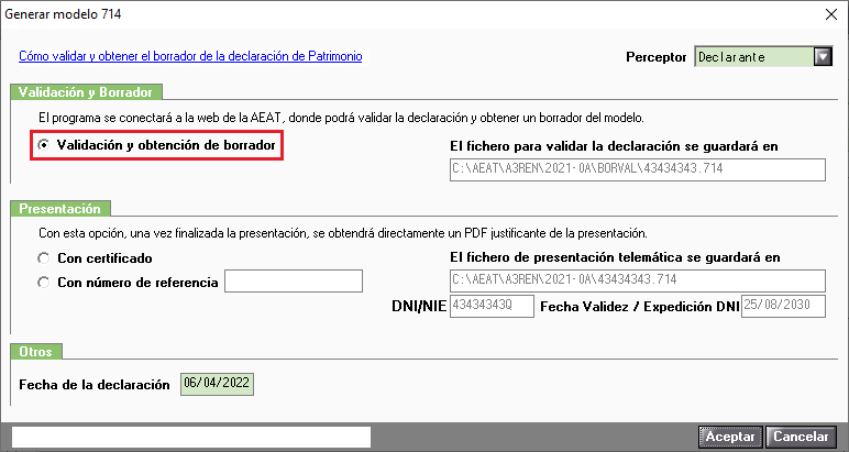 Generar modelo 714 Validacion y obtencion del borrador