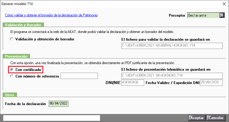 Generar Modelo 714 Presentacion con certificado