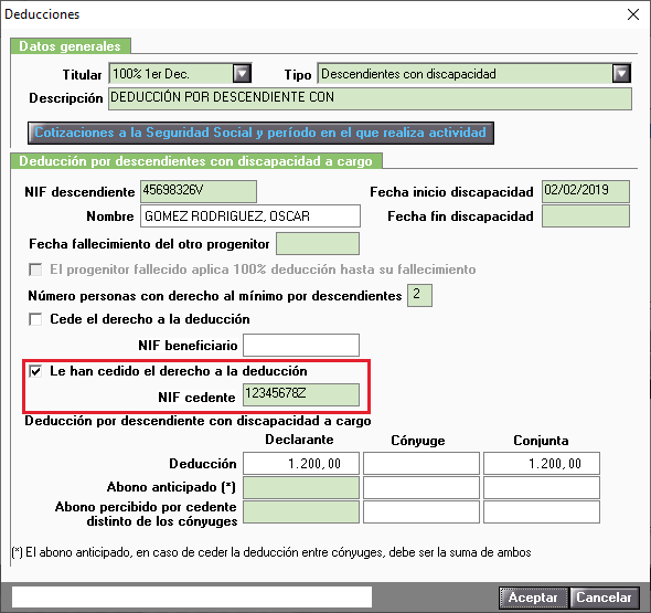 DF Descendiente con discapacidad Beneficiario Cesion