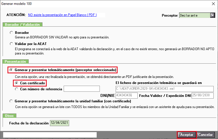 Generar modelo 100 con certificado
