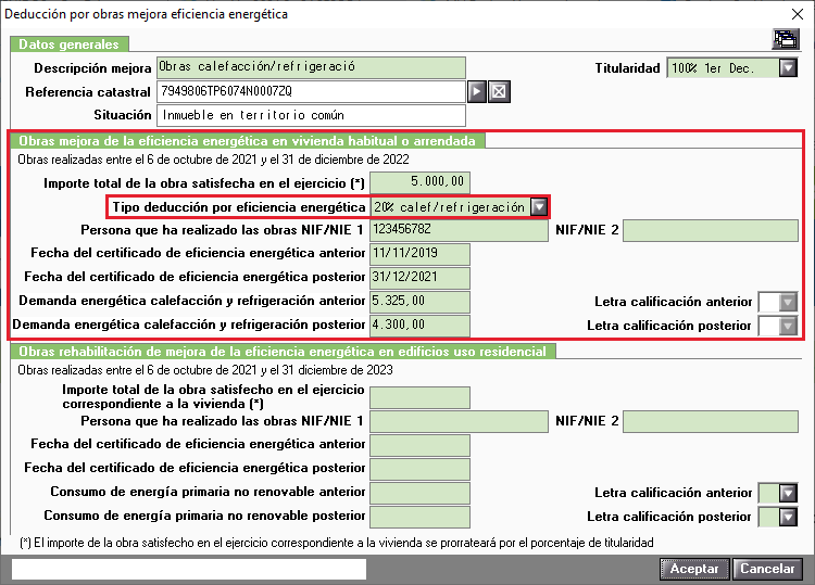 MV Deduccion por obras mejora eficiencia energetica en vivienda habitual o arrendada 20 por 100