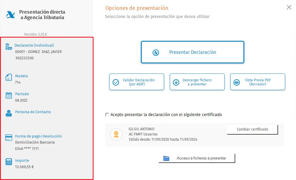 Presentacion Directa Individual con certificado Panel izquierdo