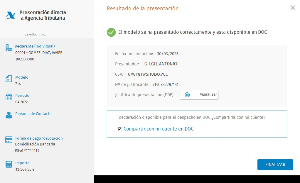 Presentacion Directa Individual con certificado Resultado