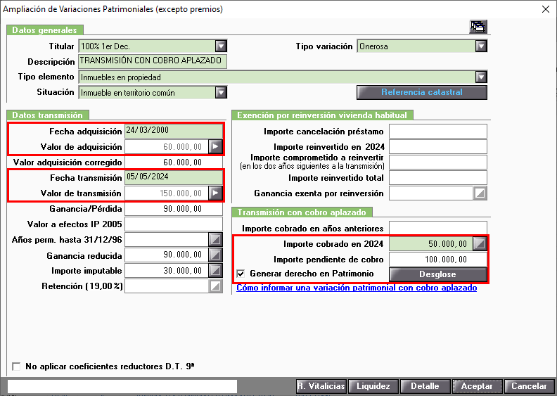 Ampliacion de Variaciones Patrimoniales Cobro Aplazado ejercicio actual