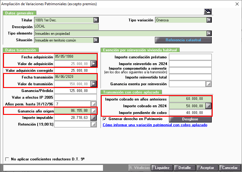 Transmision con cobro aplazado informada en el ejercicio actual
