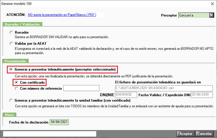 Generar modelo 100 con certificados