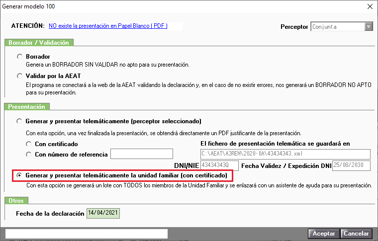 Generar y presentar telematicamente la unidad familiar con certificados