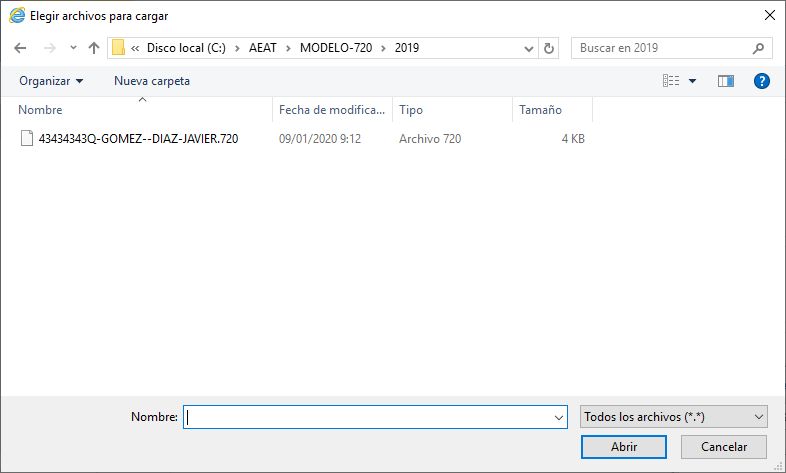 Modelo 720 Elegir archivos para cargar