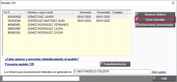 Modelo 720 Listado Borrador
