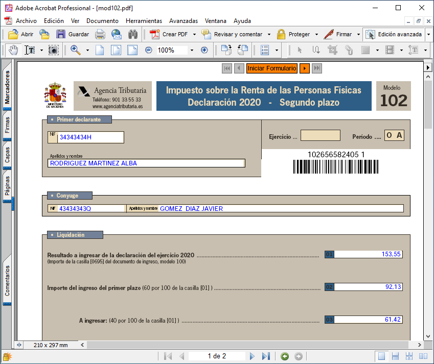 Modelo 102 Cumplimentado con los datos