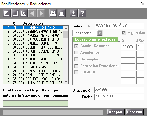 tabla bonificacion