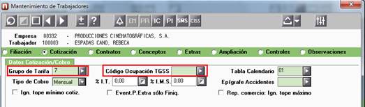 Grupo tarifa y código ocupación