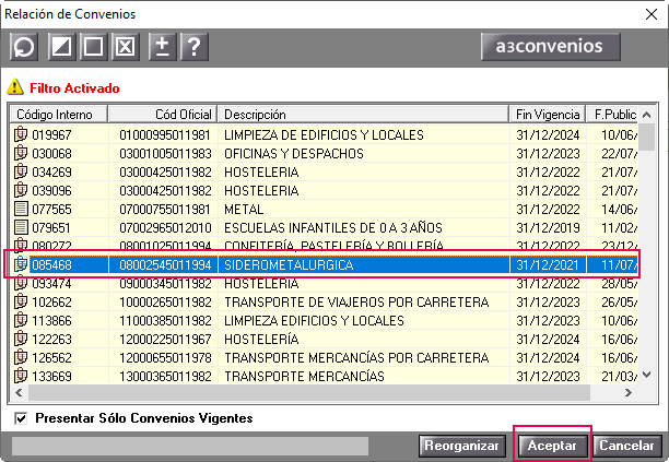 relacion convenios en a3asesor Nom