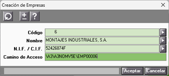 pantalla con los datos de creación de empresa