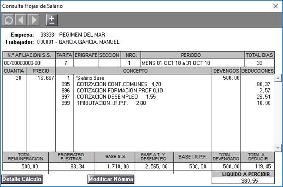 hoja salario cálculo trabajador regimen del mar