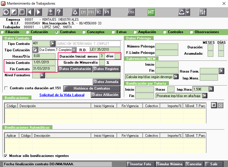 Pantalla datos del contrato anterior