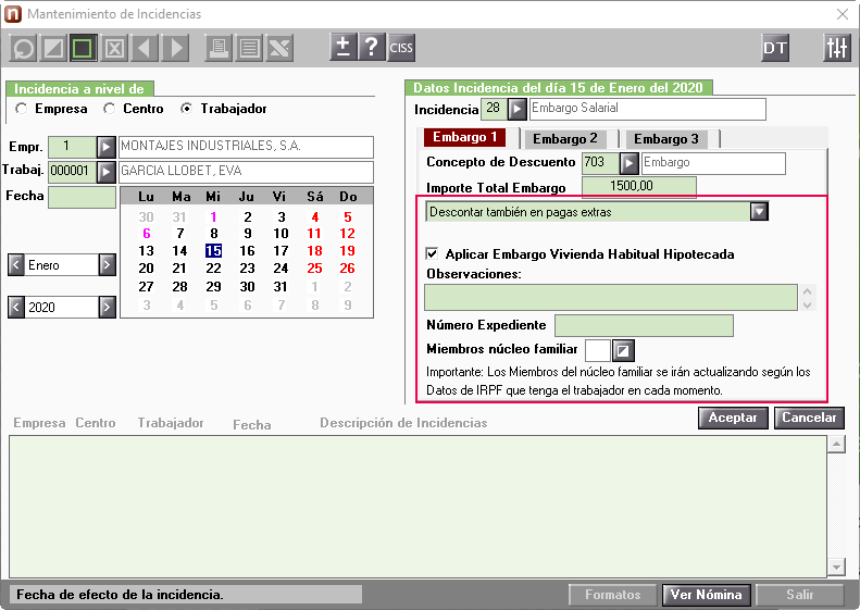descontar embargo pagas extras