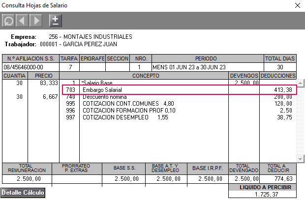 calculo nomina concepto inembargable