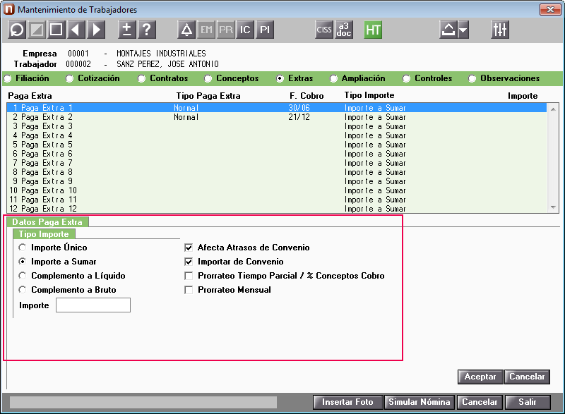 Parametrizar Paga Extra en Ficha del Trabajador