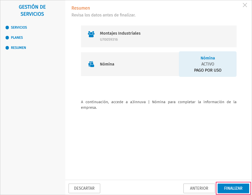finalizar creacion de empresa