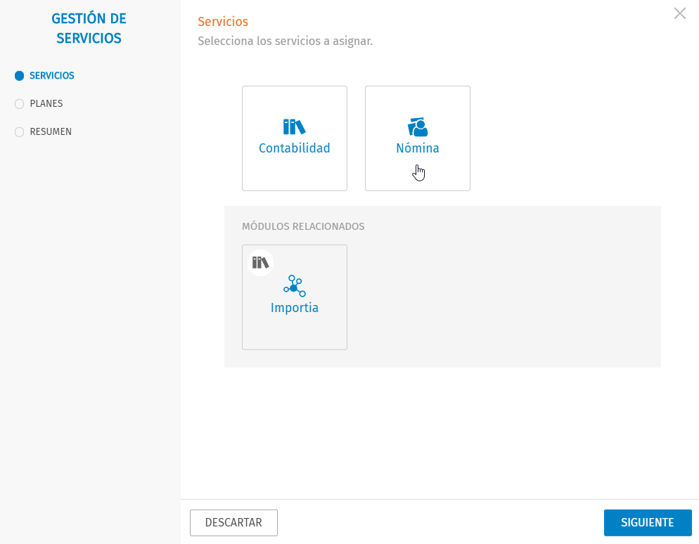 selección de servicios