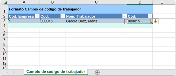Excel para modificación código del trabajador
