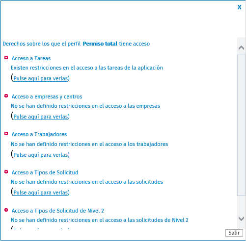 derechos sobre los que el perfil tiene acceso