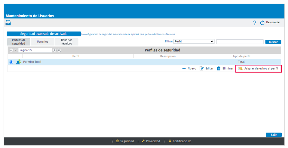 asignar derechos perfil