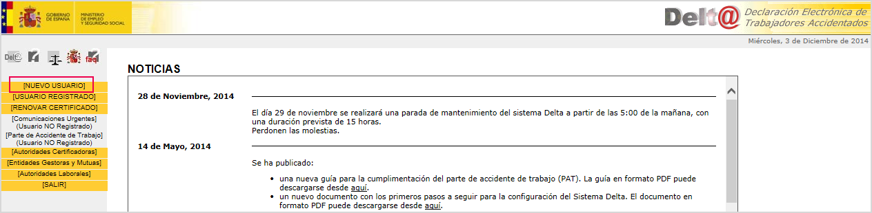 Web Ministerio Trabajo y Asuntos Sociales parte accidente