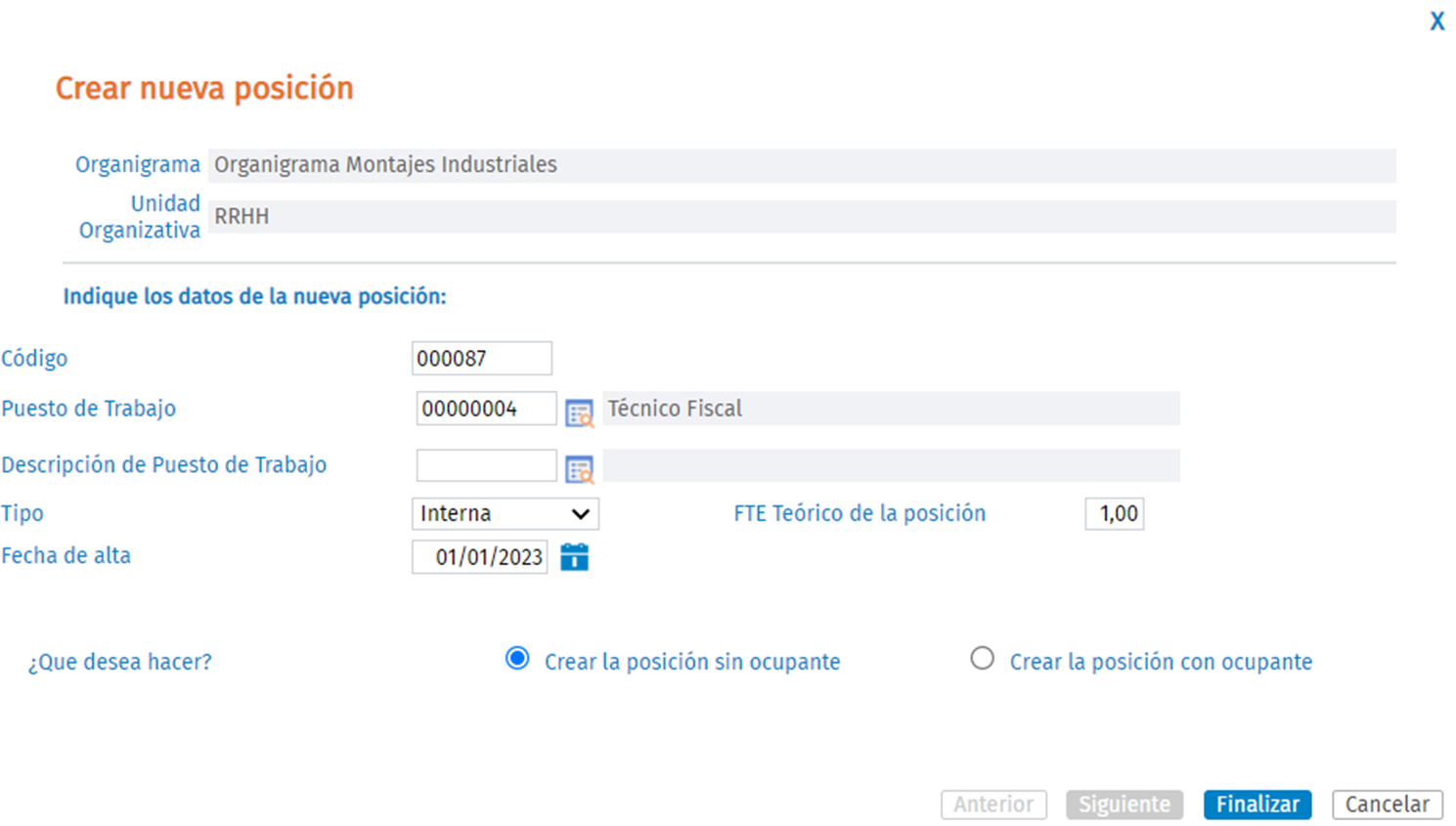 crear nueva posicion