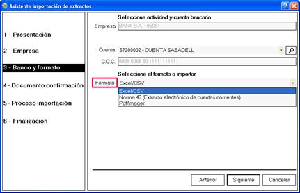 Asistente de importación, banco y formato