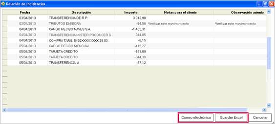 Pantalla con la relación de incidencias