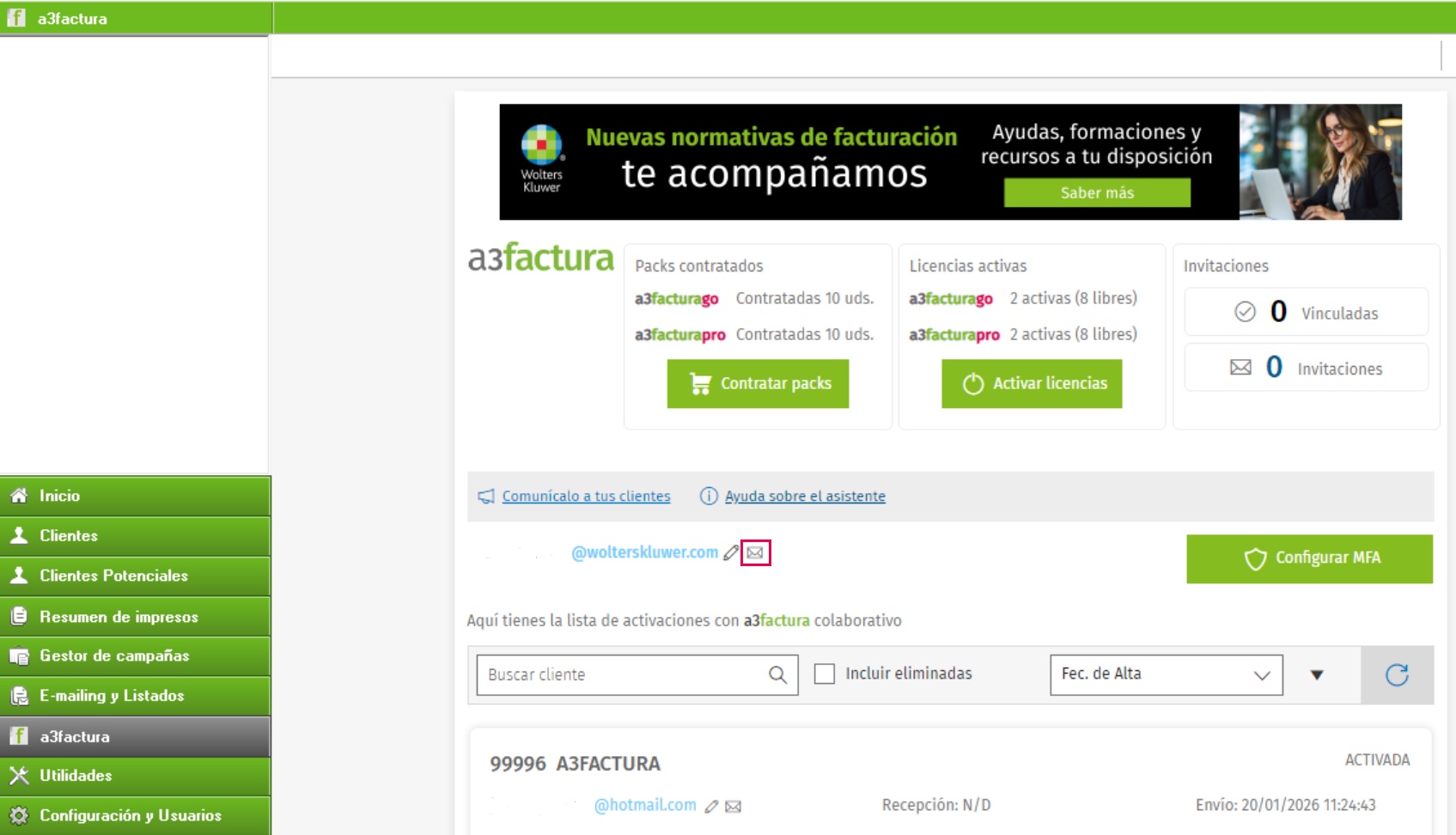 Pantalla para reenviar o modificar correo electrónico del asesor