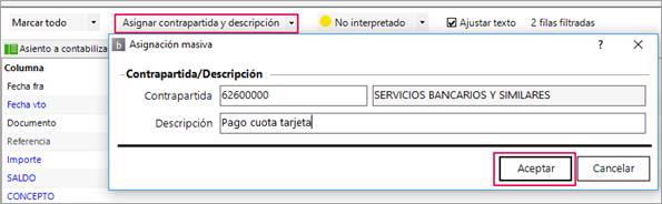 pantalla con la ventana para asignar contrapartida