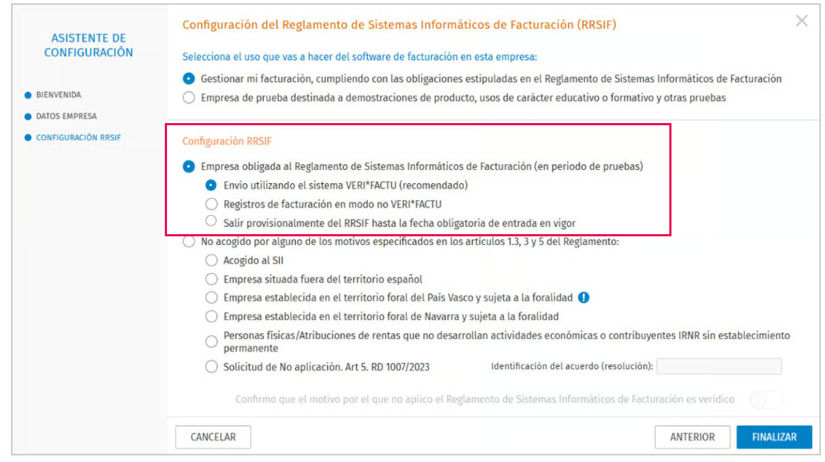 asistente de configuración RRSIF