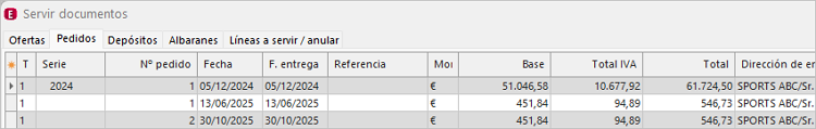 Pantalla de servir documentos con las opciones pedido, albarán o depósito.