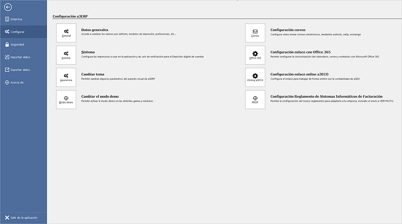 pantalla con las opciones de configuración interna de a3ERP y a3asesor Business 360
