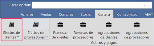 pantalla de acceso al menú de efectos de cartera