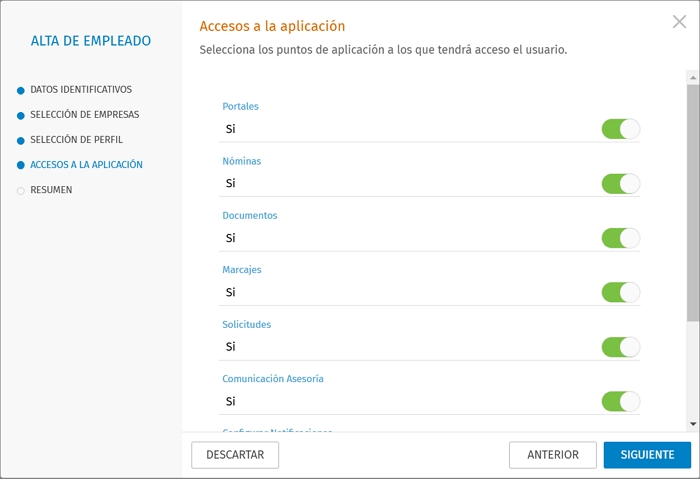 dar o restringir derechos de acceso a menús de la aplicación