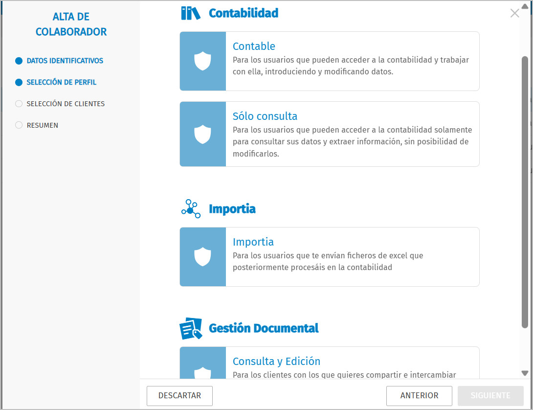 Alta colaborador Seleccion de perfil