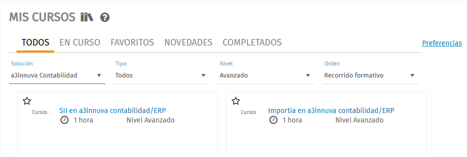 Apartado "Todos" de mis cursos