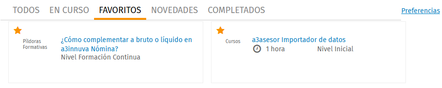 Apartado Favoritos de mis cursos