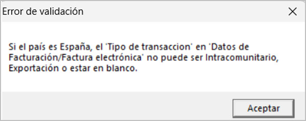 error de validación en el campo transacción
