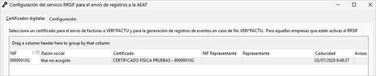 nueva pantalla configuración de certificados