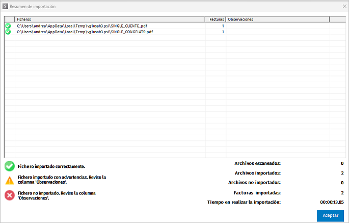 pantalla resumen con la relación de documentos a importar