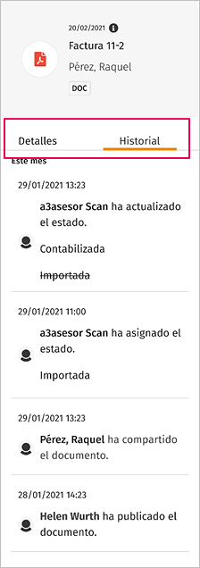 Imagen del detalle e historial del documento