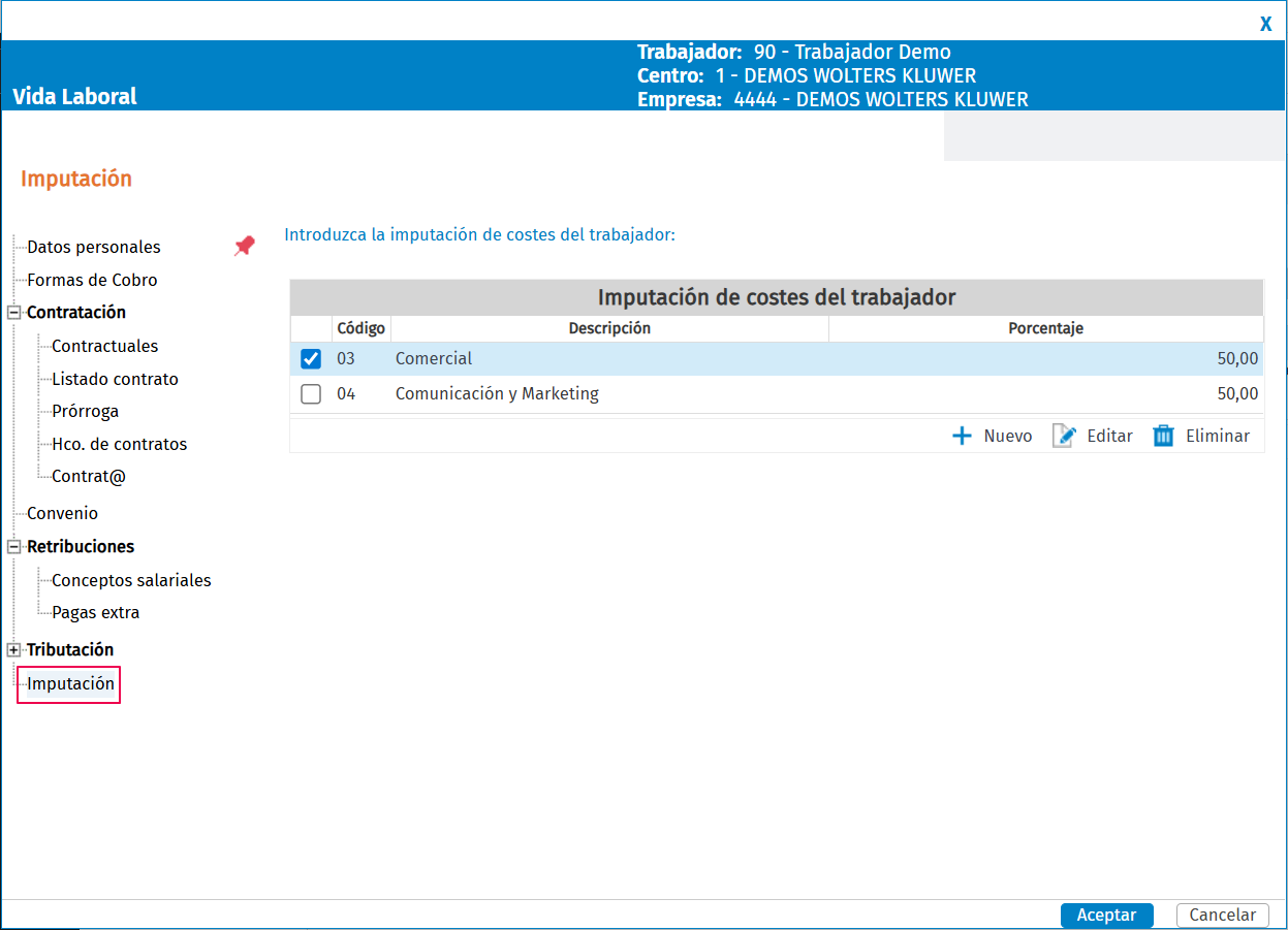 modificar imputación costes en vida laboral